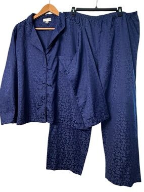 Miss Elaine Navy Blue Floral Jacquard Pajama Set XL 2 Piece Sleepwear Lounge Set